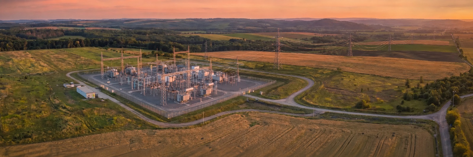 Aerial view of an electrical substation in Ukraine at sunset